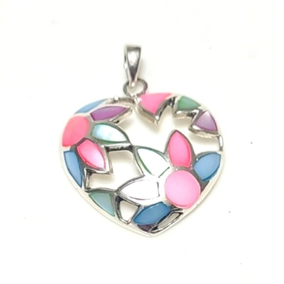 Vintage Sterling Silver Colourful Pearl Chunky Floral Cut Out Heart Pendant - Picture 1 of 13